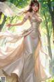 A woman in a wedding dress standing in the woods.