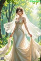 A woman in a wedding dress standing in the woods.