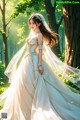 A woman in a wedding dress standing in the woods.